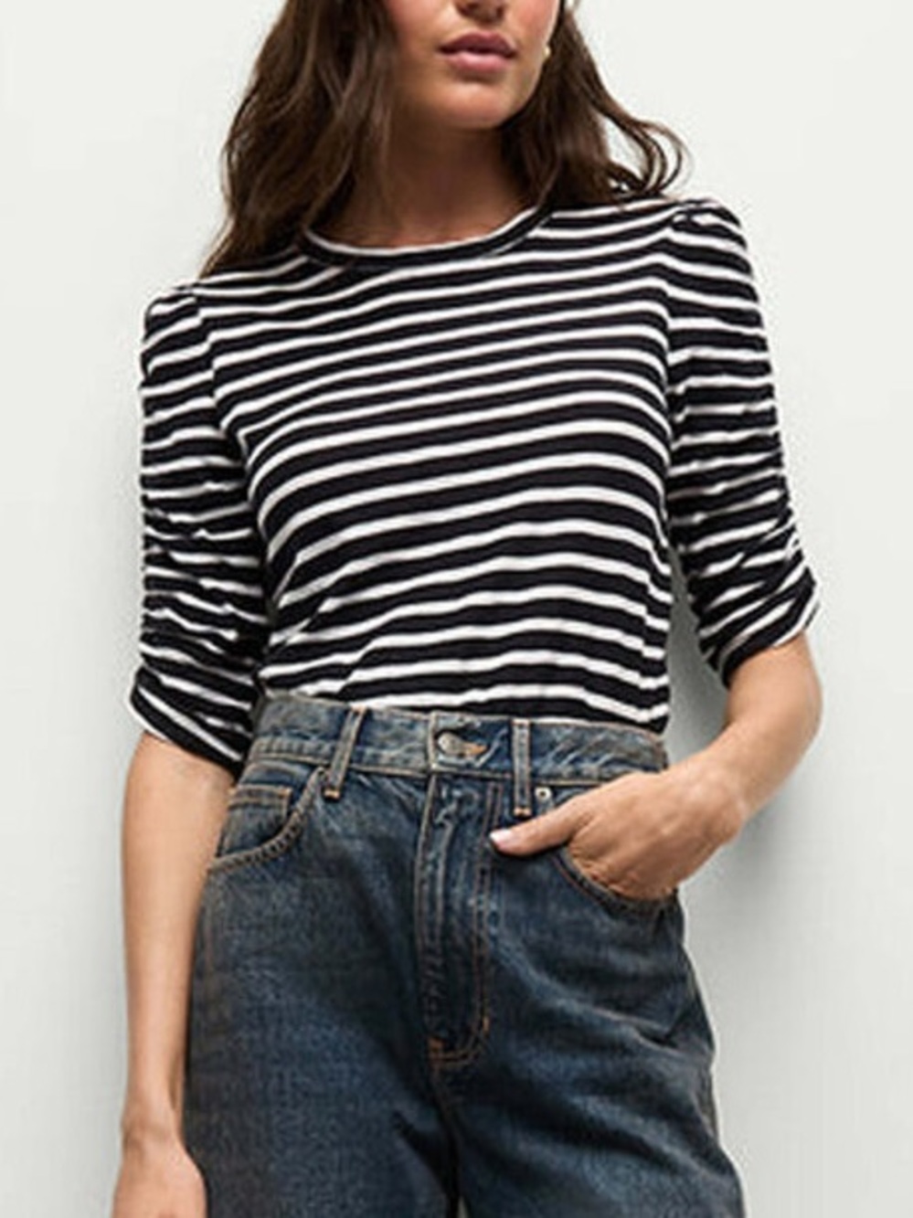 VERONICA BEARD Navy and White Stripe Waldorf Ruched Sleeve Tee